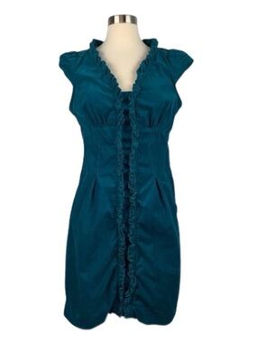 Anthropologie Maeve Teal Ruffled Cap-Sleeve Sheath Dress